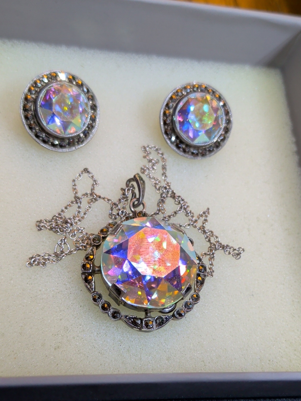 Mid Century European Silver 835, Iridescent Iris/Watermelon Glass Set